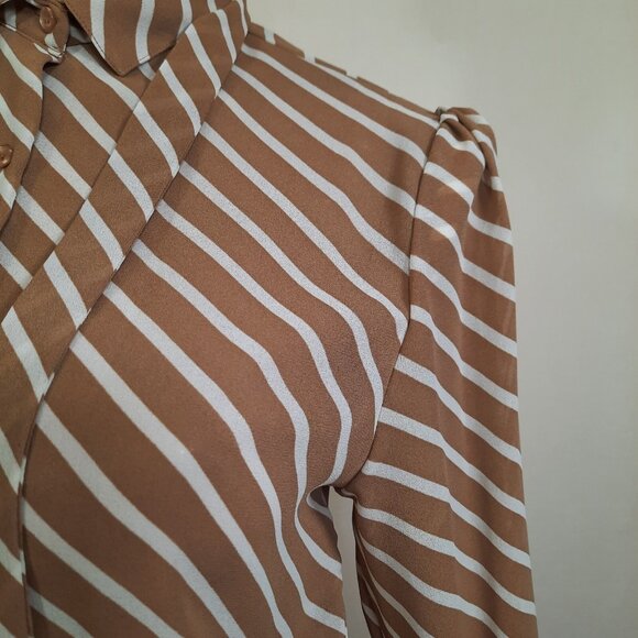 Vintage 80s Bow Tie Blouse Secretary Sheer Button Up Beige White Striped S - Picture 4 of 10